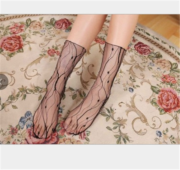 Spring and Summer Retro Lace Floral Mesh Women Socks Thin Middle Tube Transparent Sock Women Breathable Silk Ultrathin Sock New - E-Esther Clothing Store