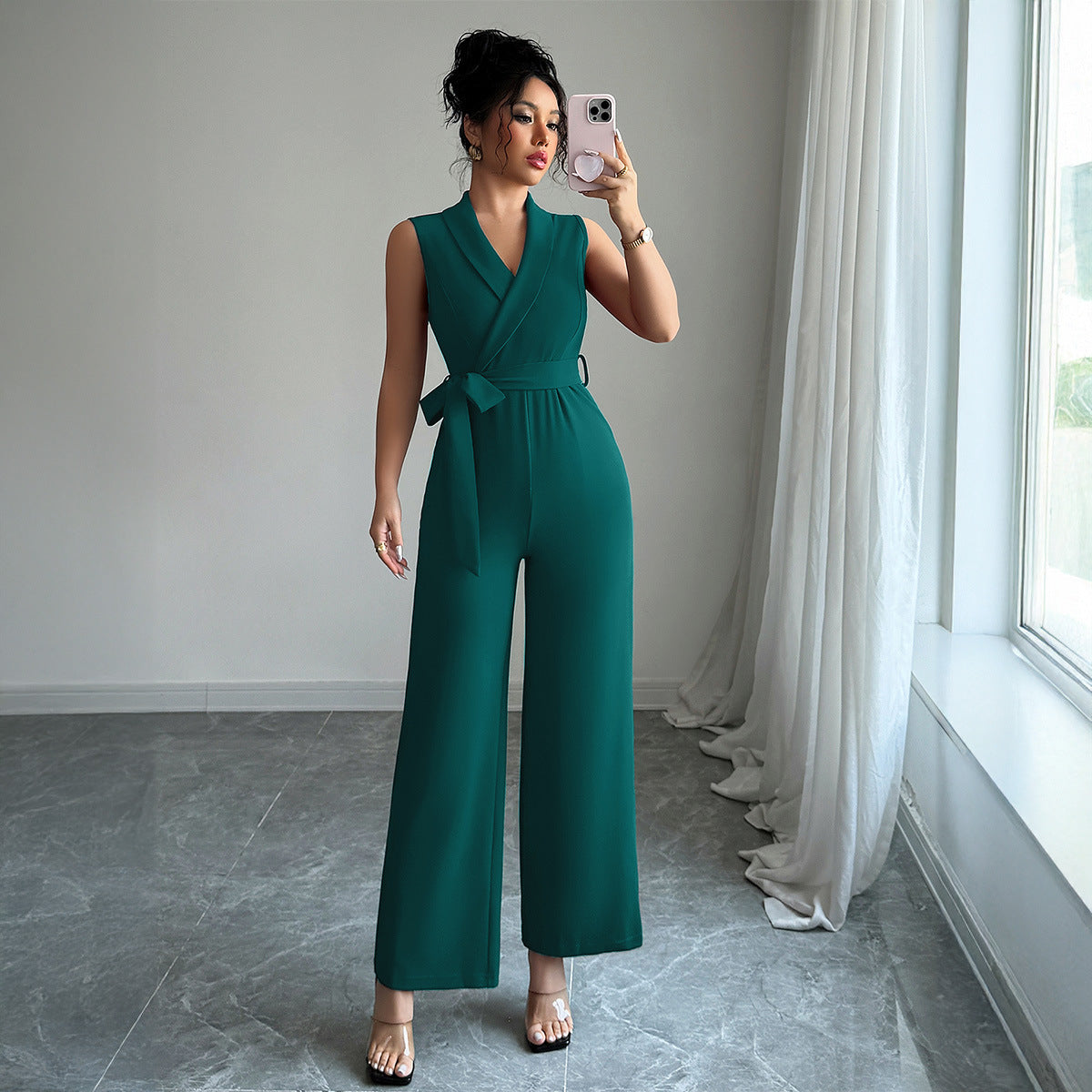 Minimalist style waist cinched wide leg pants for women's jumpsuit - E-Esther Clothing Store