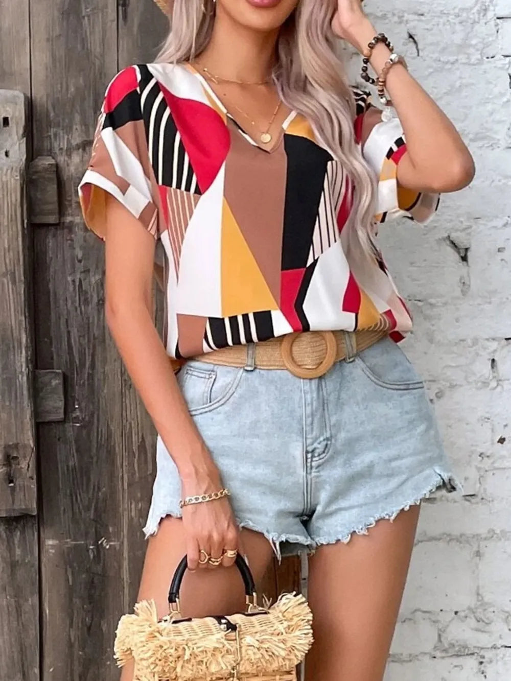 V-neck printed short sleeved shirt with women's geometric pattern contrasting color - E-Esther Clothing Store