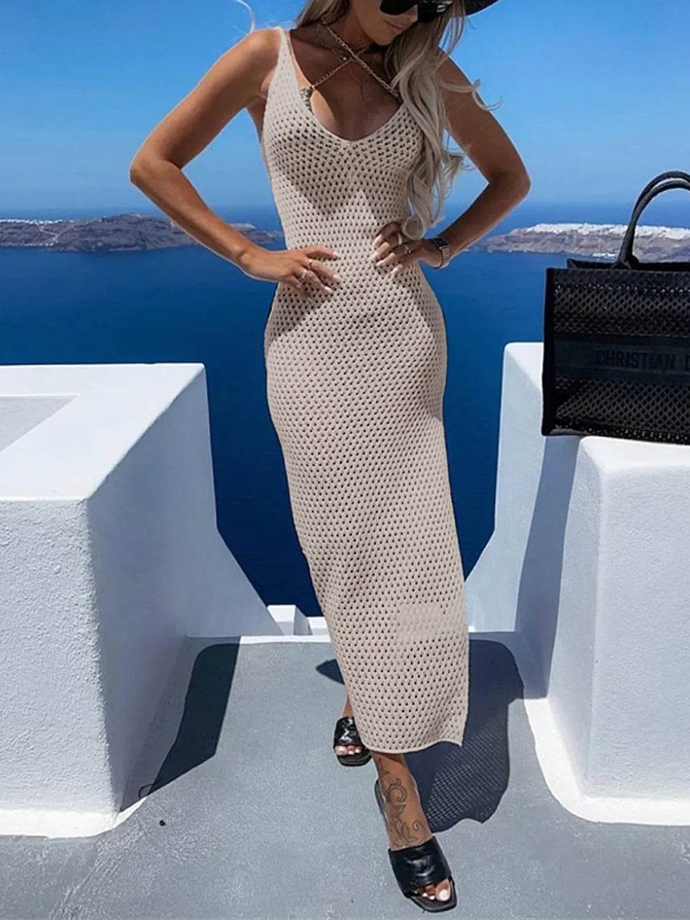 Slit Openwork V-Neck Sleeveless Cover Up - E-Esther Clothing Store