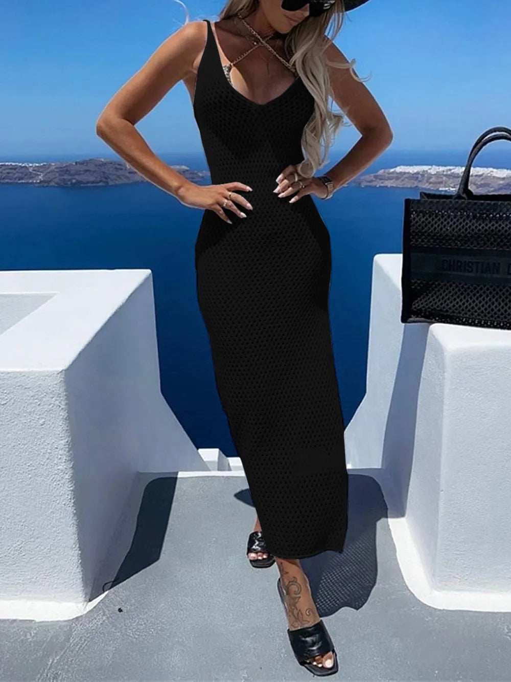 Slit Openwork V-Neck Sleeveless Cover Up - E-Esther Clothing Store