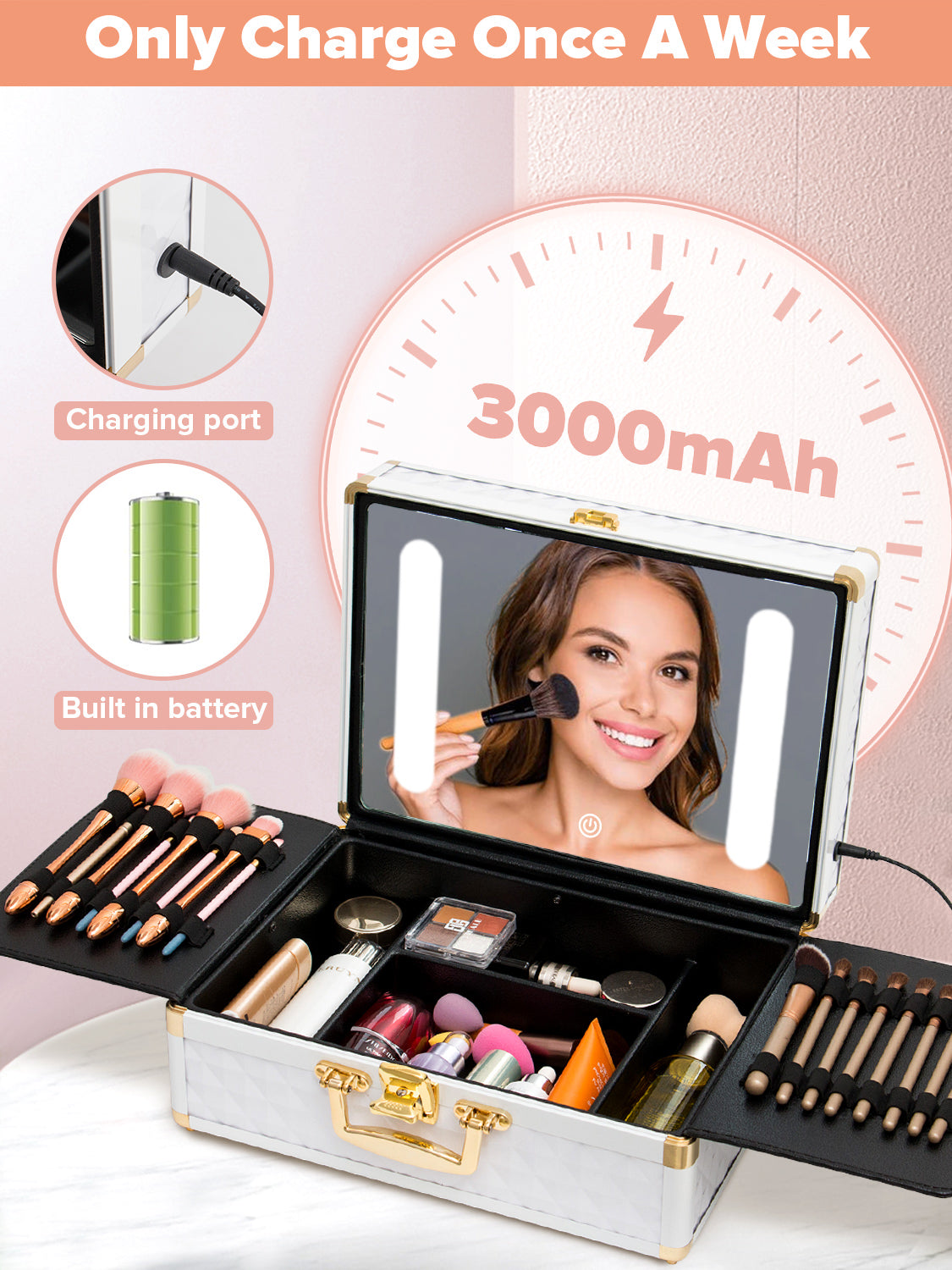Portable makeup case, travel makeup bag with LED mirror, locked makeup storage box, brush holder, divider, rechargeable, white - E-Esther Clothing Store
