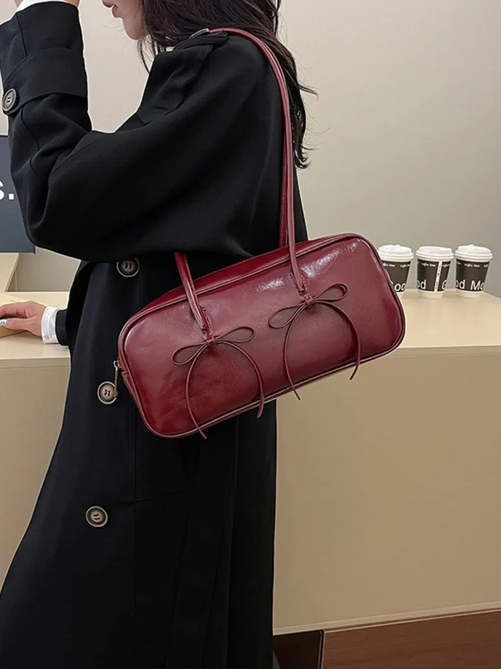 PU Leather Bow Trim Shoulder Bag - E-Esther Clothing Store
