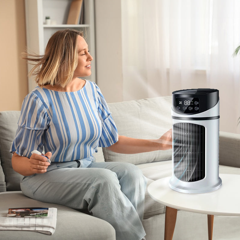 Mini portable AC, USB air cooler, bladeless electric fan.