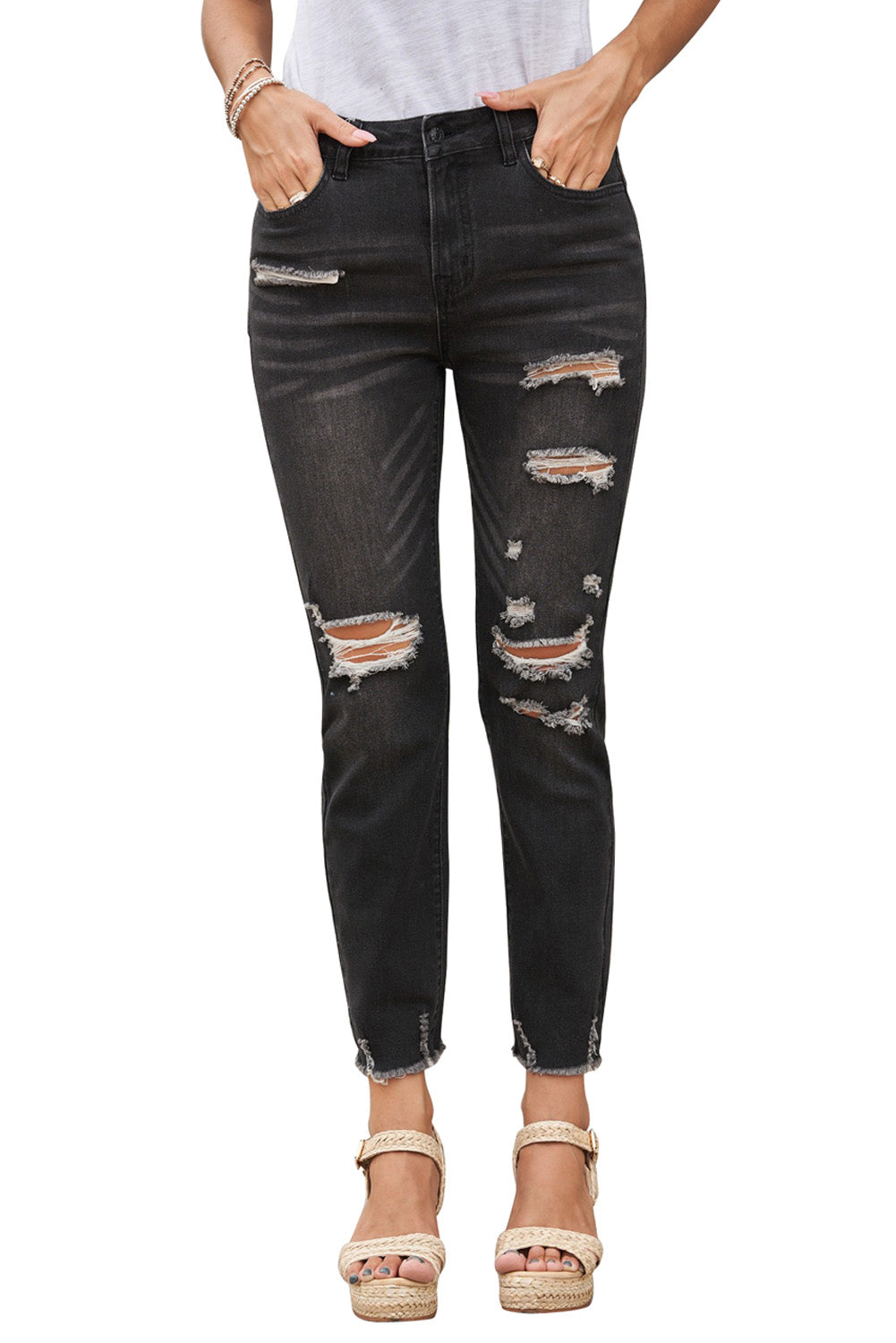 Black Distressed Boyfriend Denim Pants - E-Esther Clothing Store