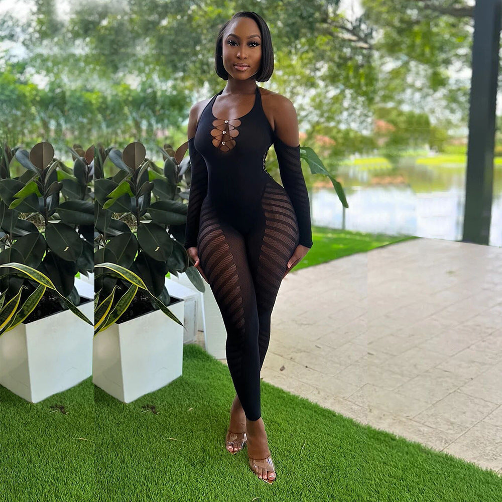 Female solid color hanging neck sleeveless hollow perspective backless sexy tight jumpsuit - E-Esther Clothing Store