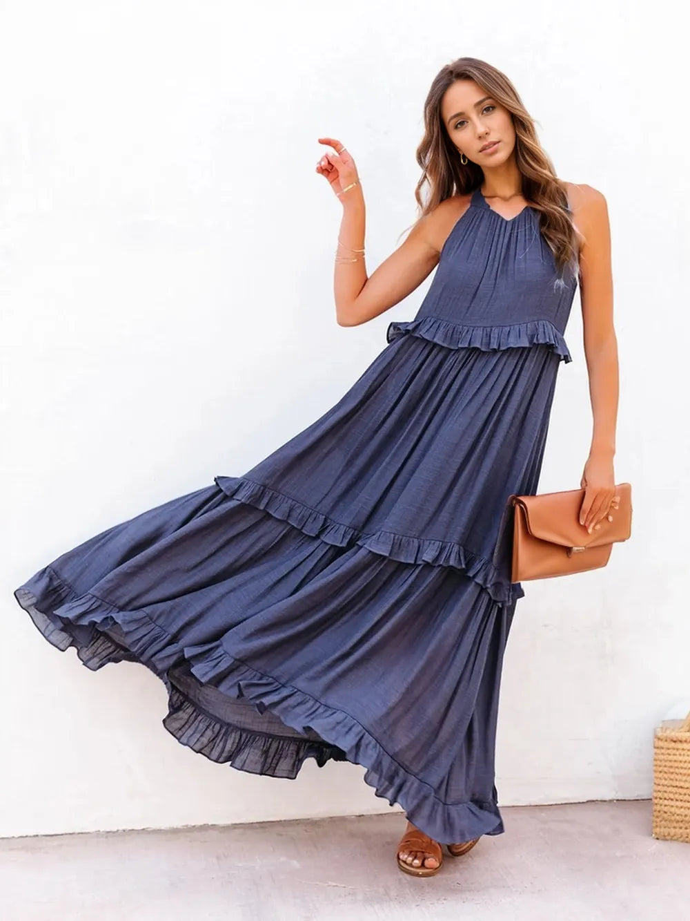 Ruffled Sleeveless Tiered Maxi Dress with Pockets - E-Esther Clothing Store
