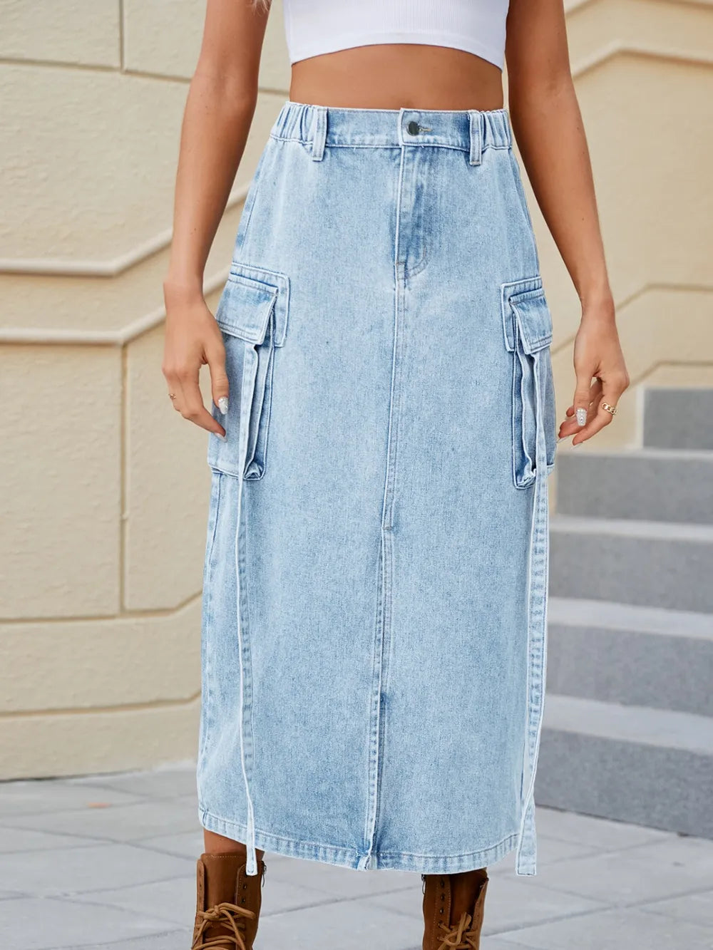 Trendy water washed elastic waistband half skirt