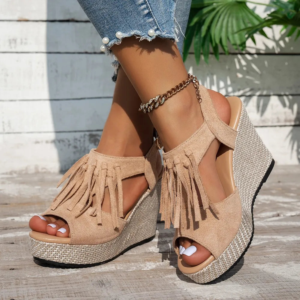 Fringe Peep Toe Wedge Sandals - E-Esther Clothing Store