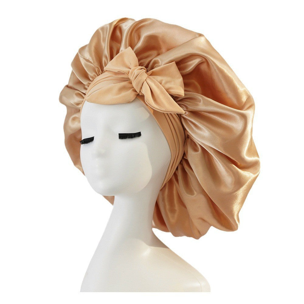 Elastic ribbon bow color Ding round hat solid color night cap wide-brimmed beauty hairdressing head scarf hat - E-Esther Clothing Store