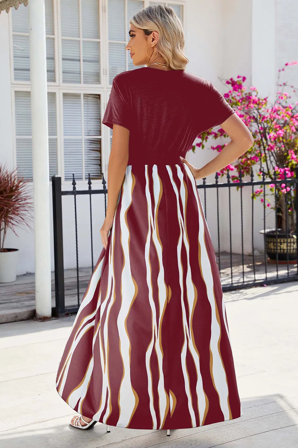 V-neck short sleeved waist cinched jumpsuit dress for women - E-Esther Clothing Store