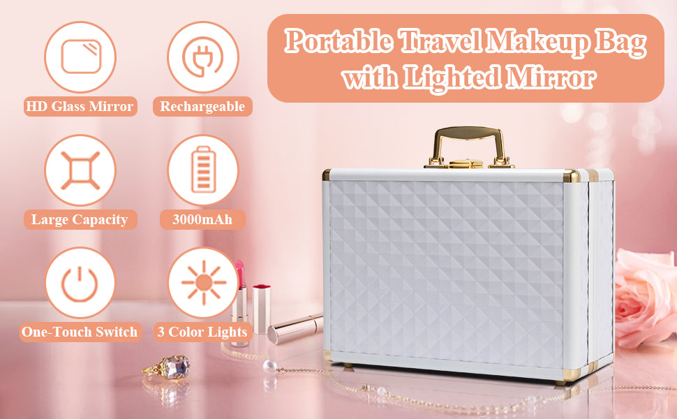 Portable makeup case, travel makeup bag with LED mirror, locked makeup storage box, brush holder, divider, rechargeable, white - E-Esther Clothing Store