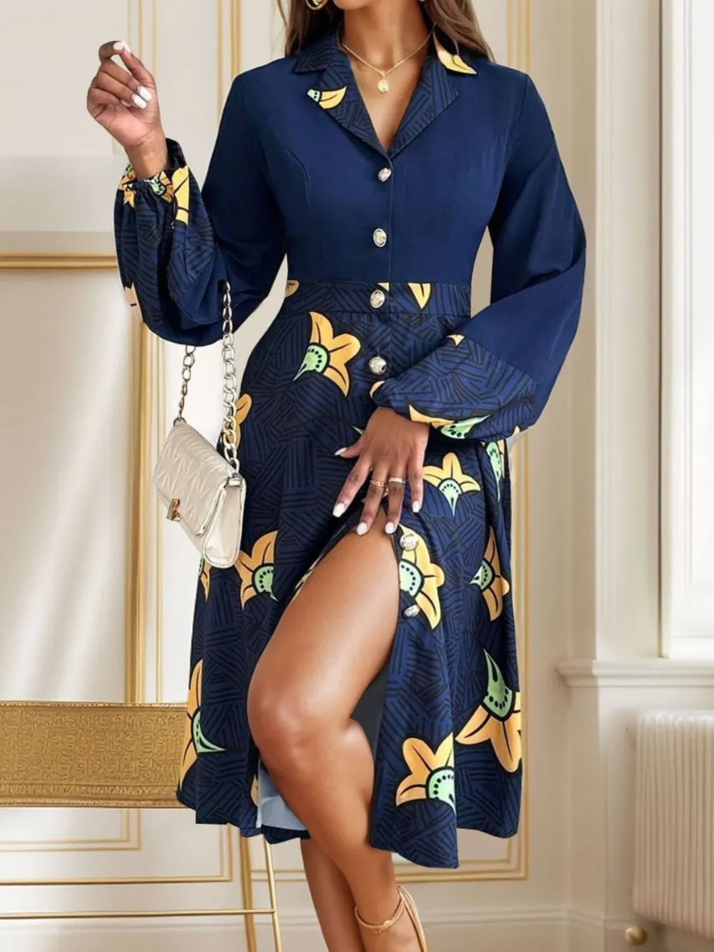 Printed Collared Neck Long Sleeve Dress - E-Esther Clothing Store