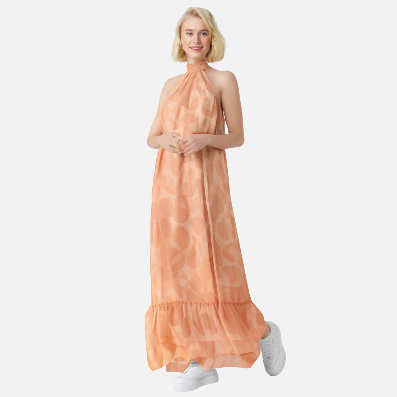 New backless hanging neck sleeveless large swing ruffle edge dress for women