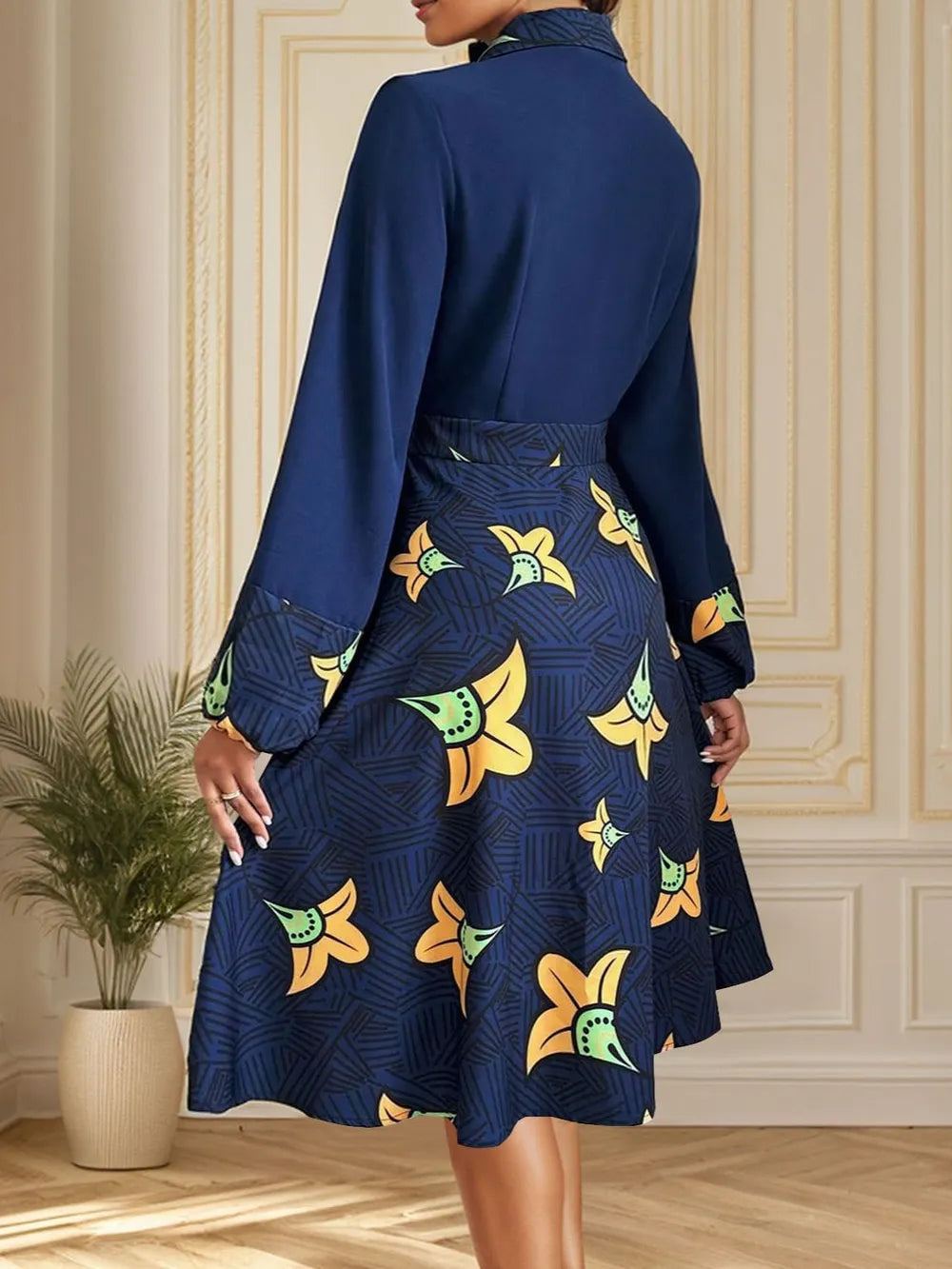 Printed Collared Neck Long Sleeve Dress - E-Esther Clothing Store