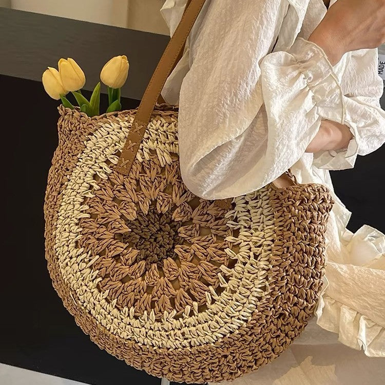 Paper rope hollow out colorful round plate grass woven bag casual beach bag one shoulder fashionable woven bag - E-Esther Clothing Store