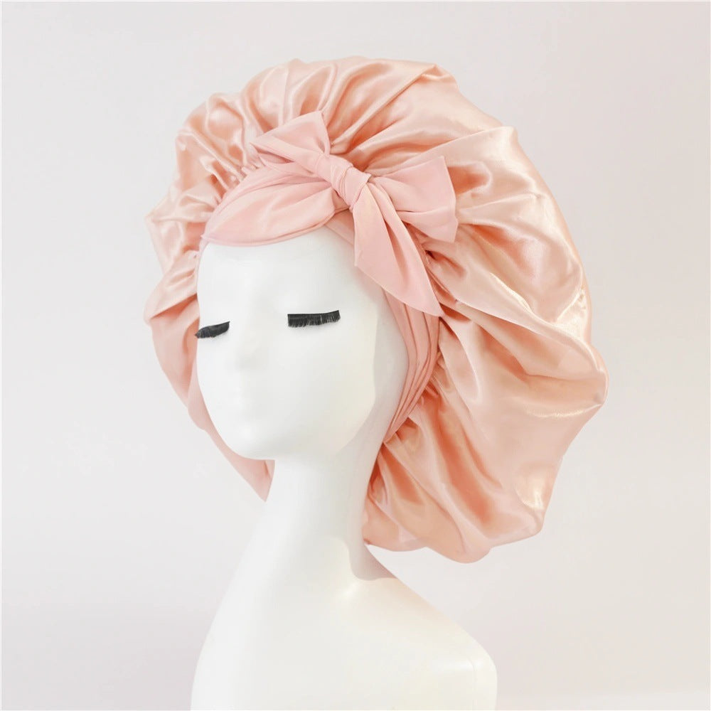 Elastic ribbon bow color Ding round hat solid color night cap wide-brimmed beauty hairdressing head scarf hat - E-Esther Clothing Store