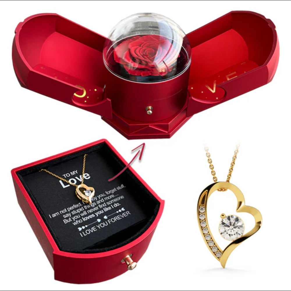 Double open rose gift box drawer style rose jewelry box angel wings Chinese Valentine's Day necklace gift box - E-Esther Clothing Store