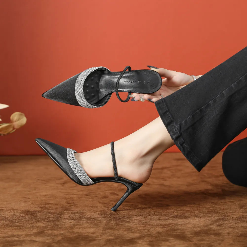 Point Toe Rhinestone Detail Stiletto Pumps - E-Esther Clothing Store