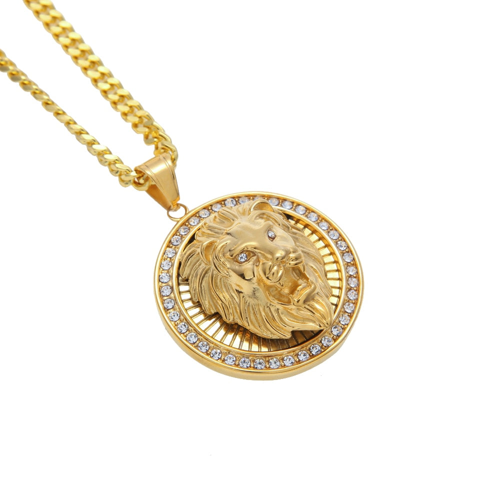Mens Hip Hop Jewelry Iced Out Gold Color Fashion Bling Bling Lion Head Pendant Men Necklace Gold Color For Gift/present - E-Esther Clothing Store