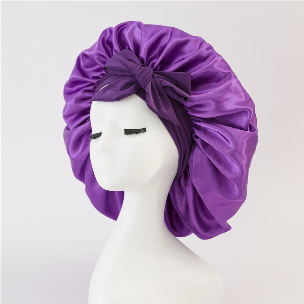 Elastic ribbon bow color Ding round hat solid color night cap wide-brimmed beauty hairdressing head scarf hat - E-Esther Clothing Store
