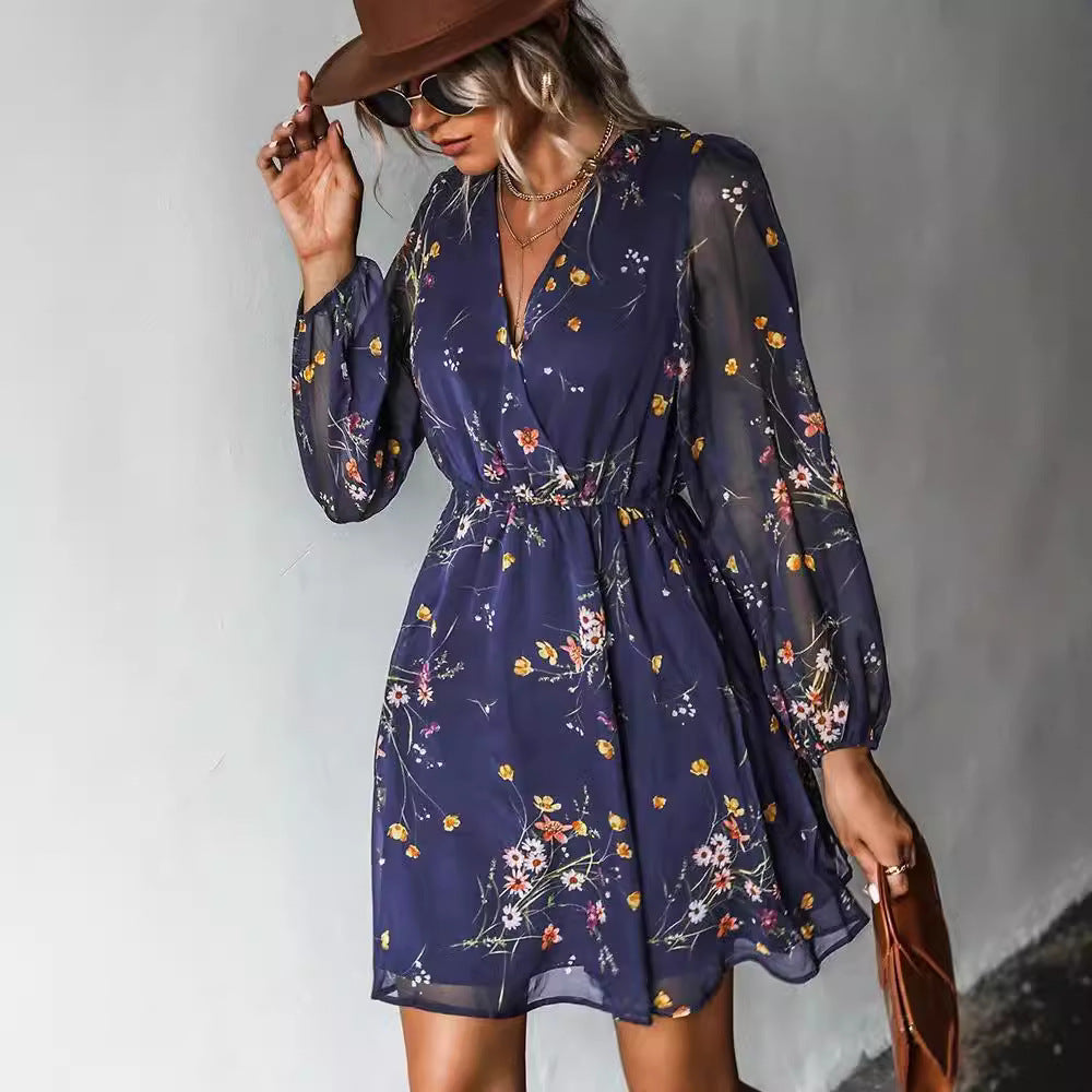V-neck elegant chiffon printed floral spring see through skirt - E-Esther Clothing Store