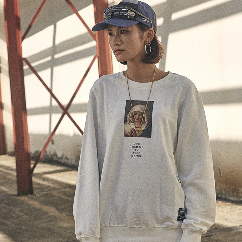Sweatshirt Streetwear Virgin Mary Print Mens Hip Hop Pullover Sweatshirts - E-Esther Clothing Store