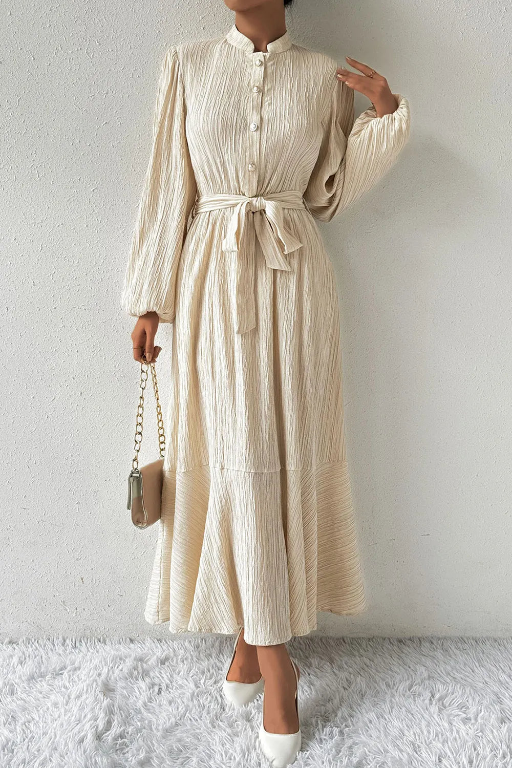 Tied Button Up Balloon Sleeve Dress - E-Esther Clothing Store