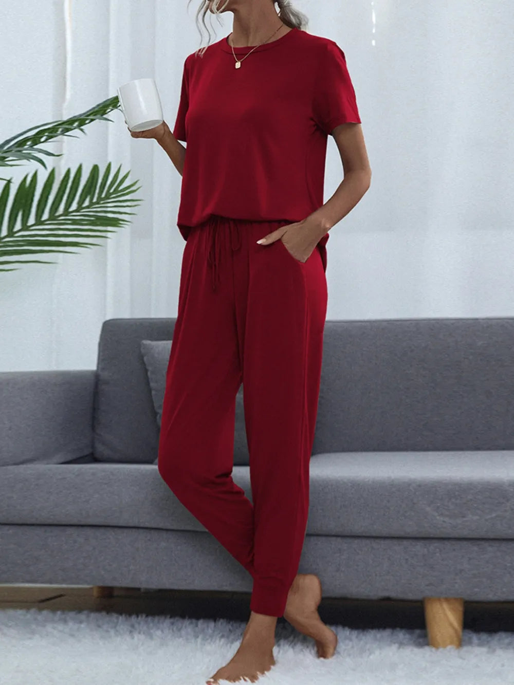 Shiny Round Neck Top and Pants Lounge Set - E-Esther Clothing Store