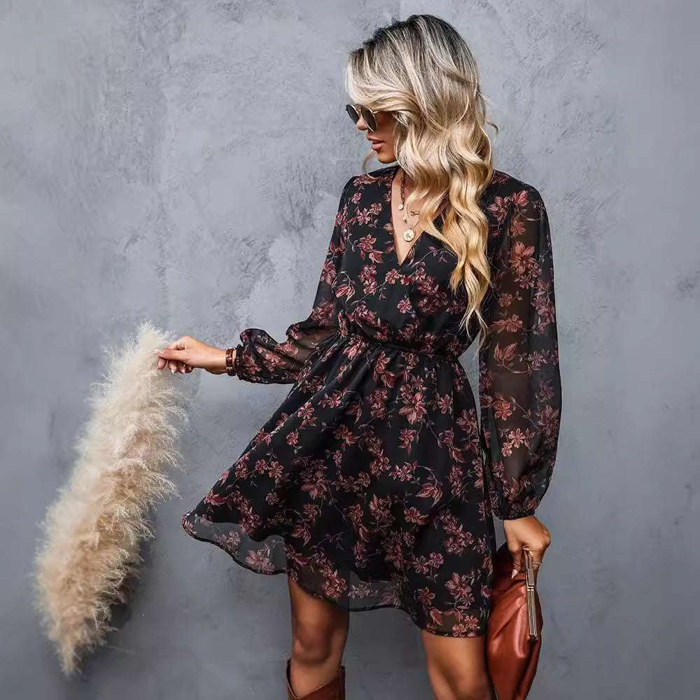 V-neck elegant chiffon printed floral spring see through skirt - E-Esther Clothing Store