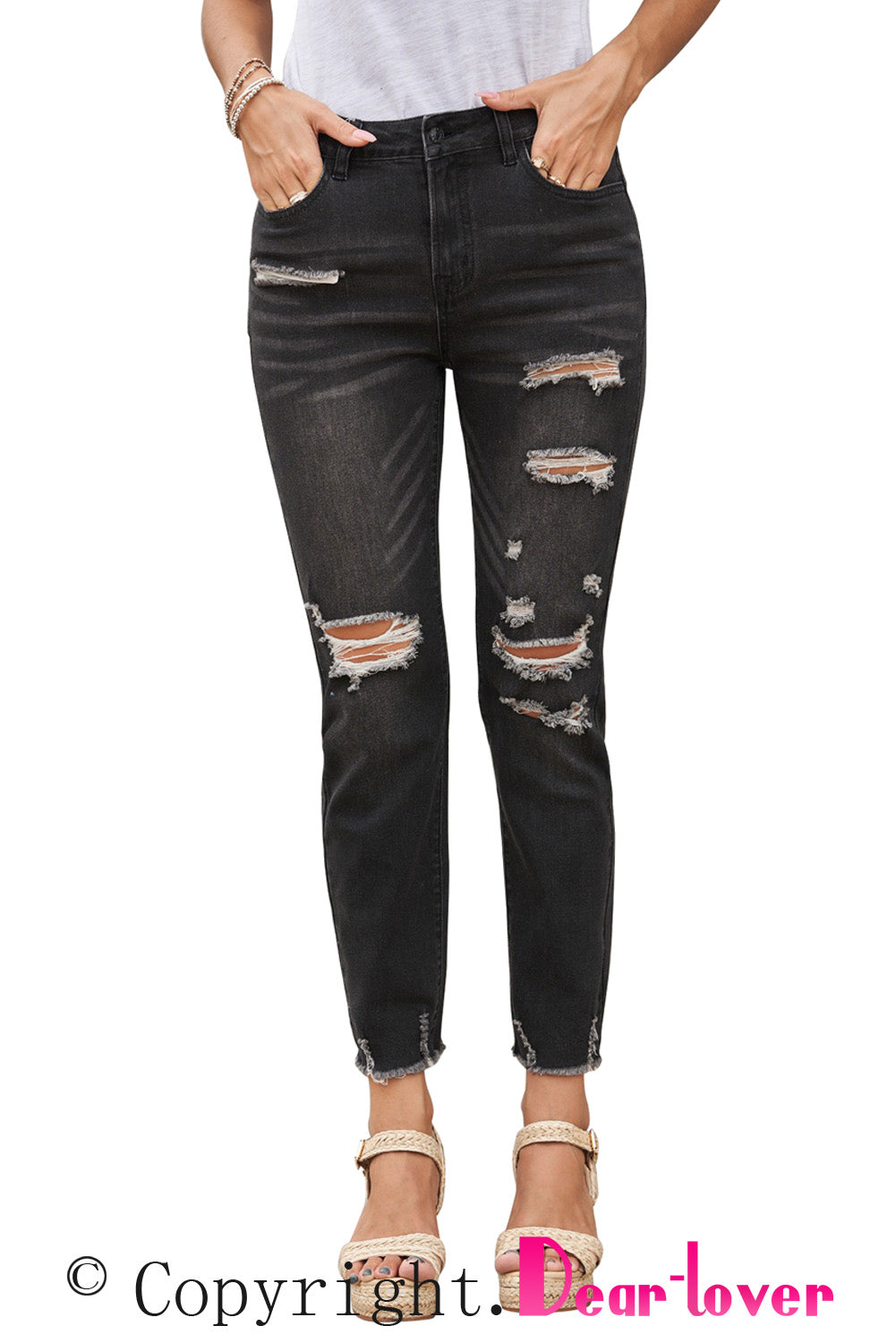 Black Distressed Boyfriend Denim Pants - E-Esther Clothing Store