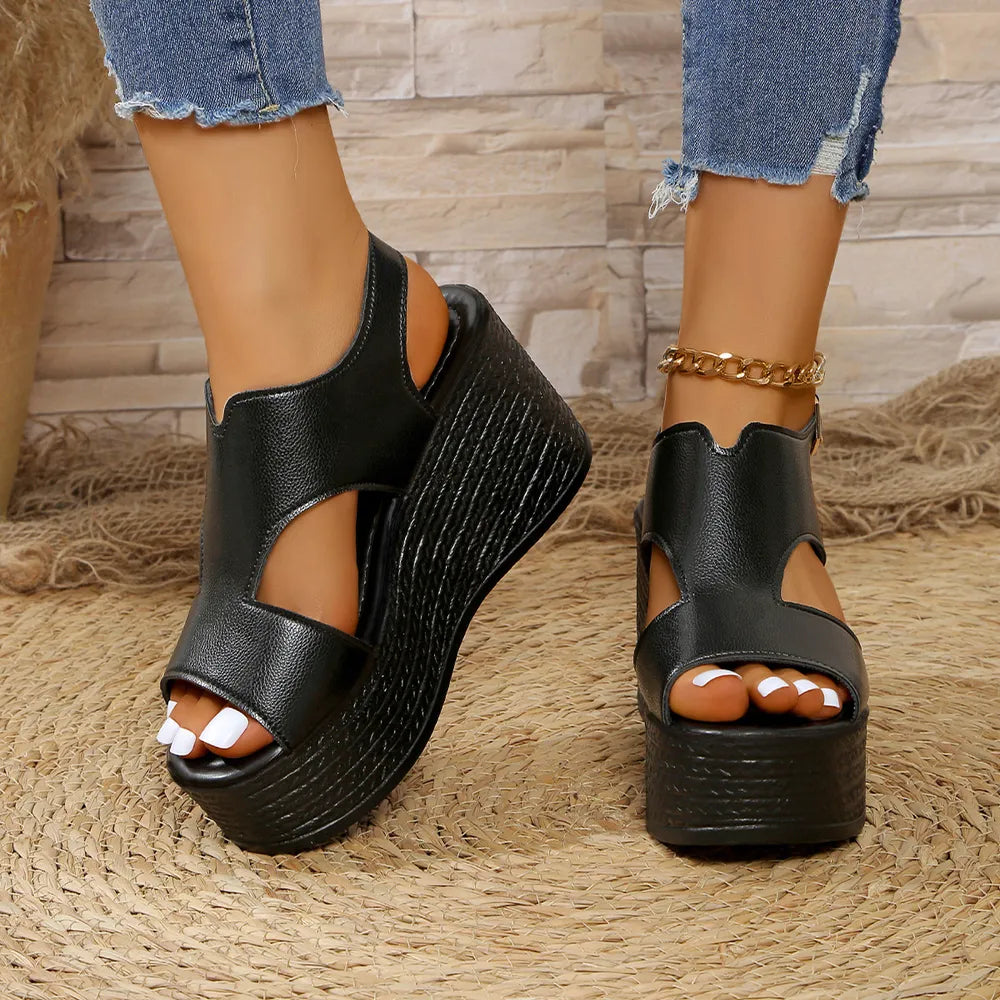 Peep Toe Cut Out Wedge Sandals - E-Esther Clothing Store