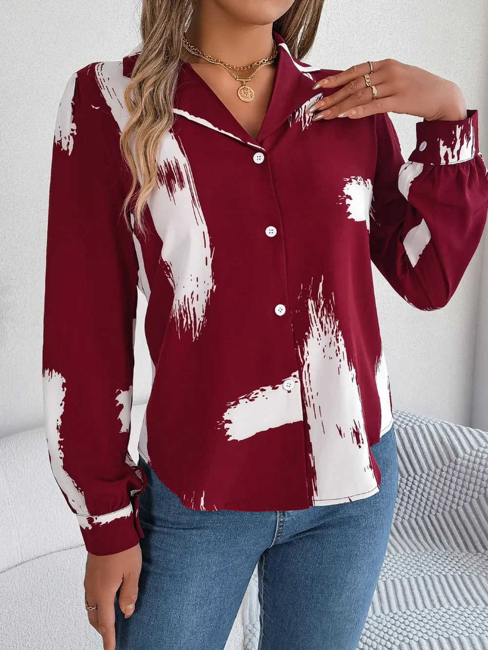 Printed Collared Neck Button Up Shirt - E-Esther Clothing Store