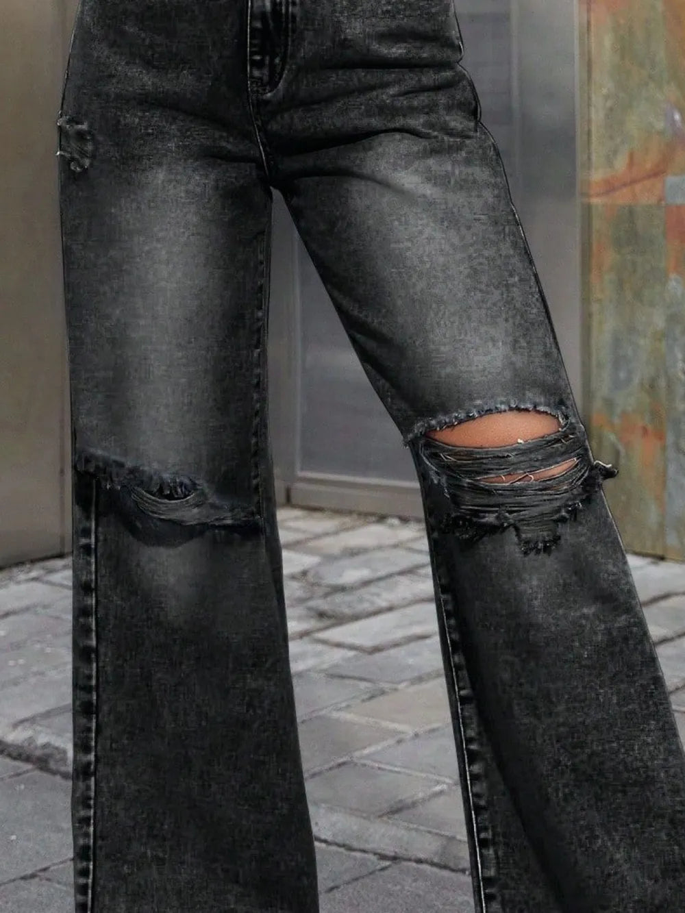 Distressed Wide Leg Jeans with Pockets - E-Esther Clothing Store