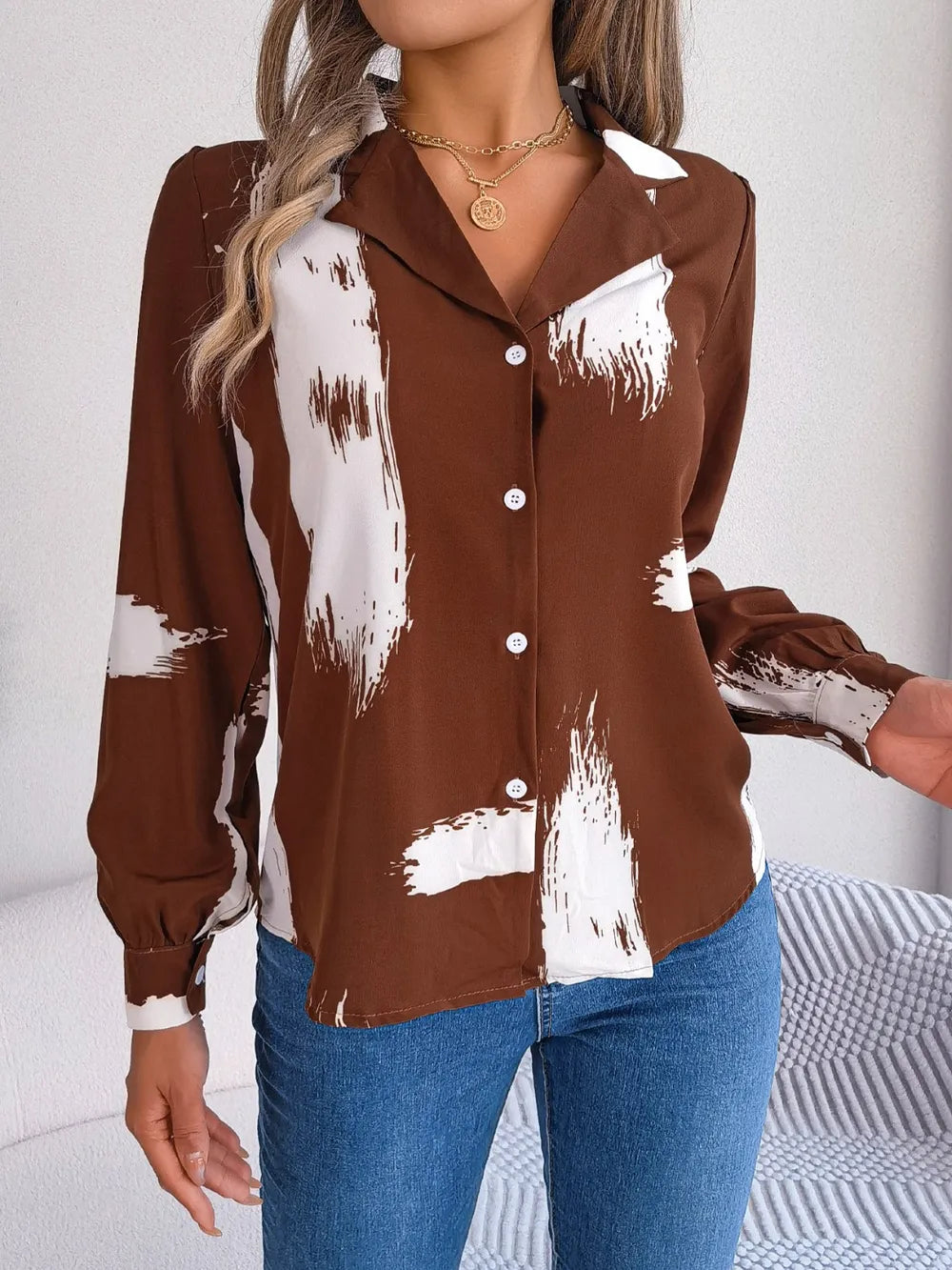 Printed Collared Neck Button Up Shirt - E-Esther Clothing Store