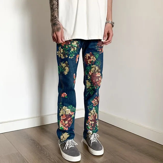 Style hand-painted floral graffiti fringed small straight leg men's trendy jeans - E-Esther Clothing Store