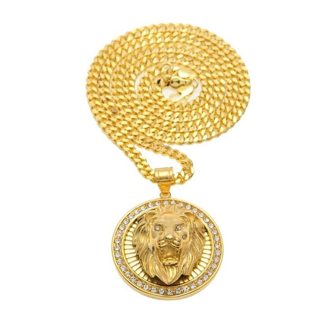 Mens Hip Hop Jewelry Iced Out Gold Color Fashion Bling Bling Lion Head Pendant Men Necklace Gold Color For Gift/present - E-Esther Clothing Store