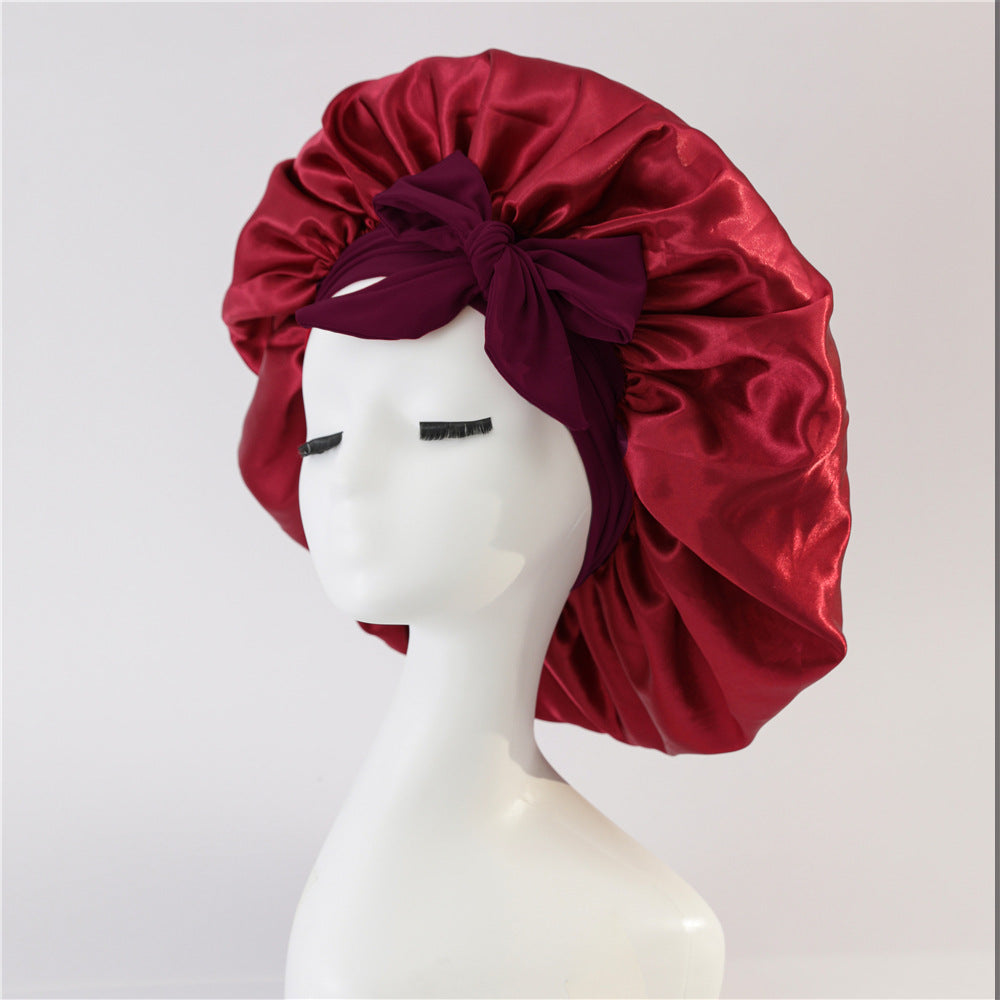 Elastic ribbon bow color Ding round hat solid color night cap wide-brimmed beauty hairdressing head scarf hat - E-Esther Clothing Store