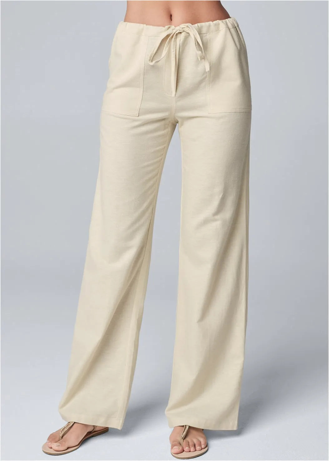 Women Cotton Linen Pants Solid Color Elastic Loose Drawstring Wide-Leg High Waist Trousers Female Stretch Straight Casual Pants