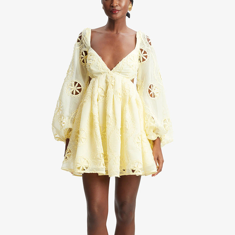 Sexy deep V-neck bubble sleeve solid color short skirt with hollowed out backless design dress for women - E-Esther Clothing Store