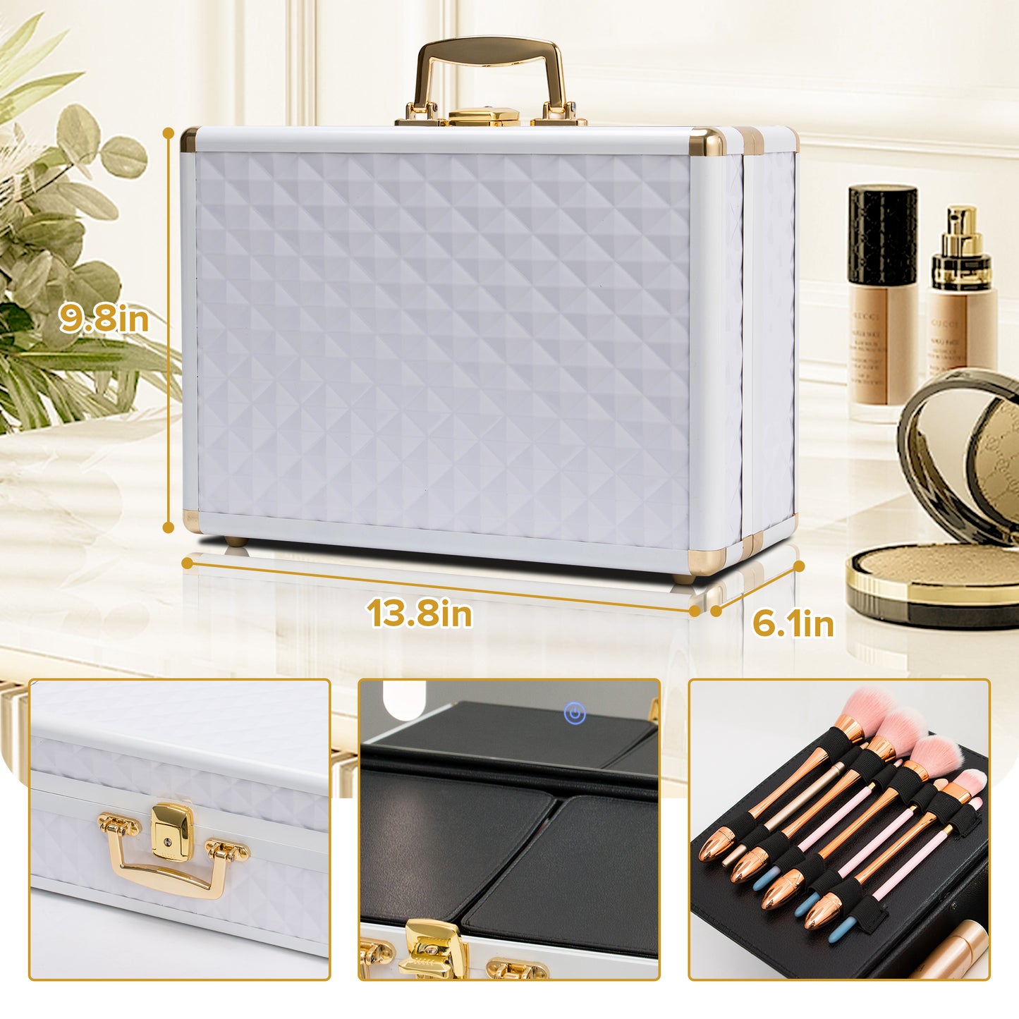 Portable makeup case, travel makeup bag with LED mirror, locked makeup storage box, brush holder, divider, rechargeable, white - E-Esther Clothing Store