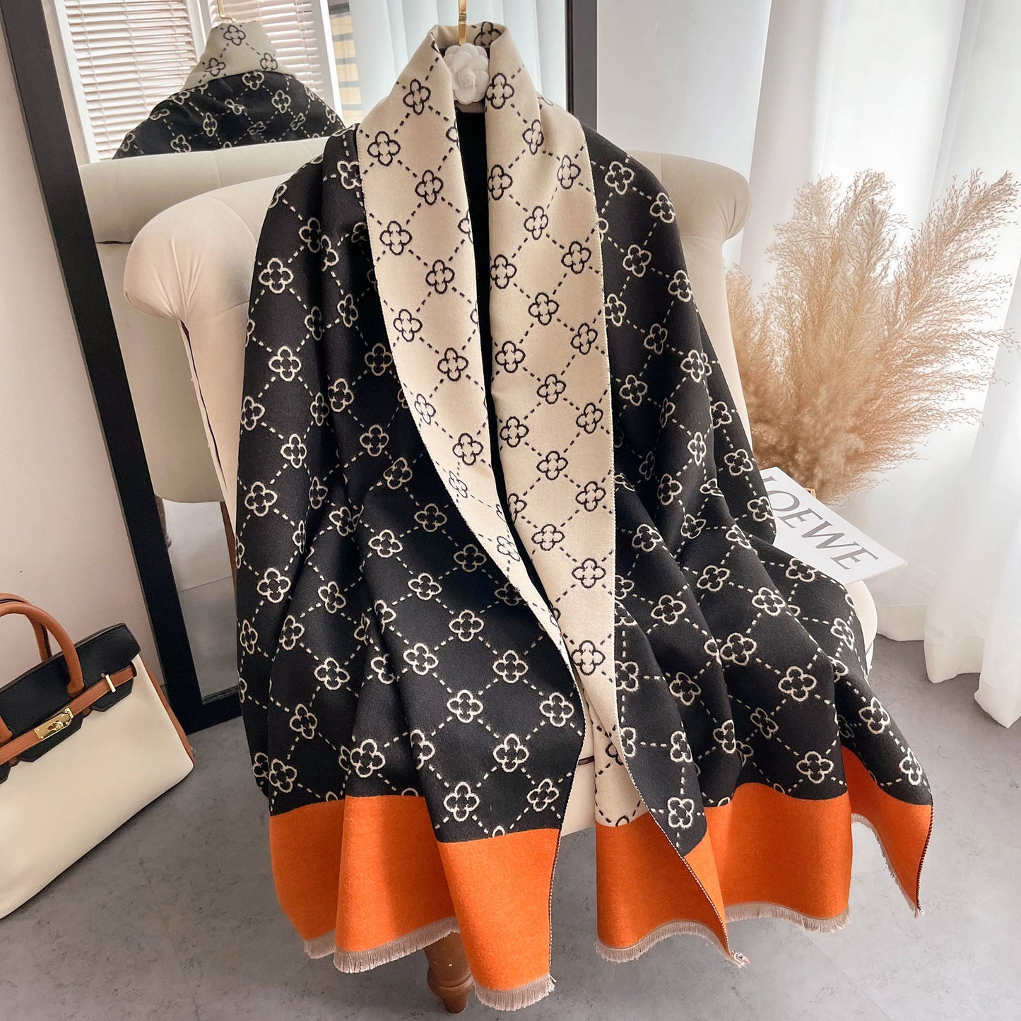 Imitation cashmere scarf women's sunflower pattern warm and thick long shawl scarf - E-Esther Clothing Store