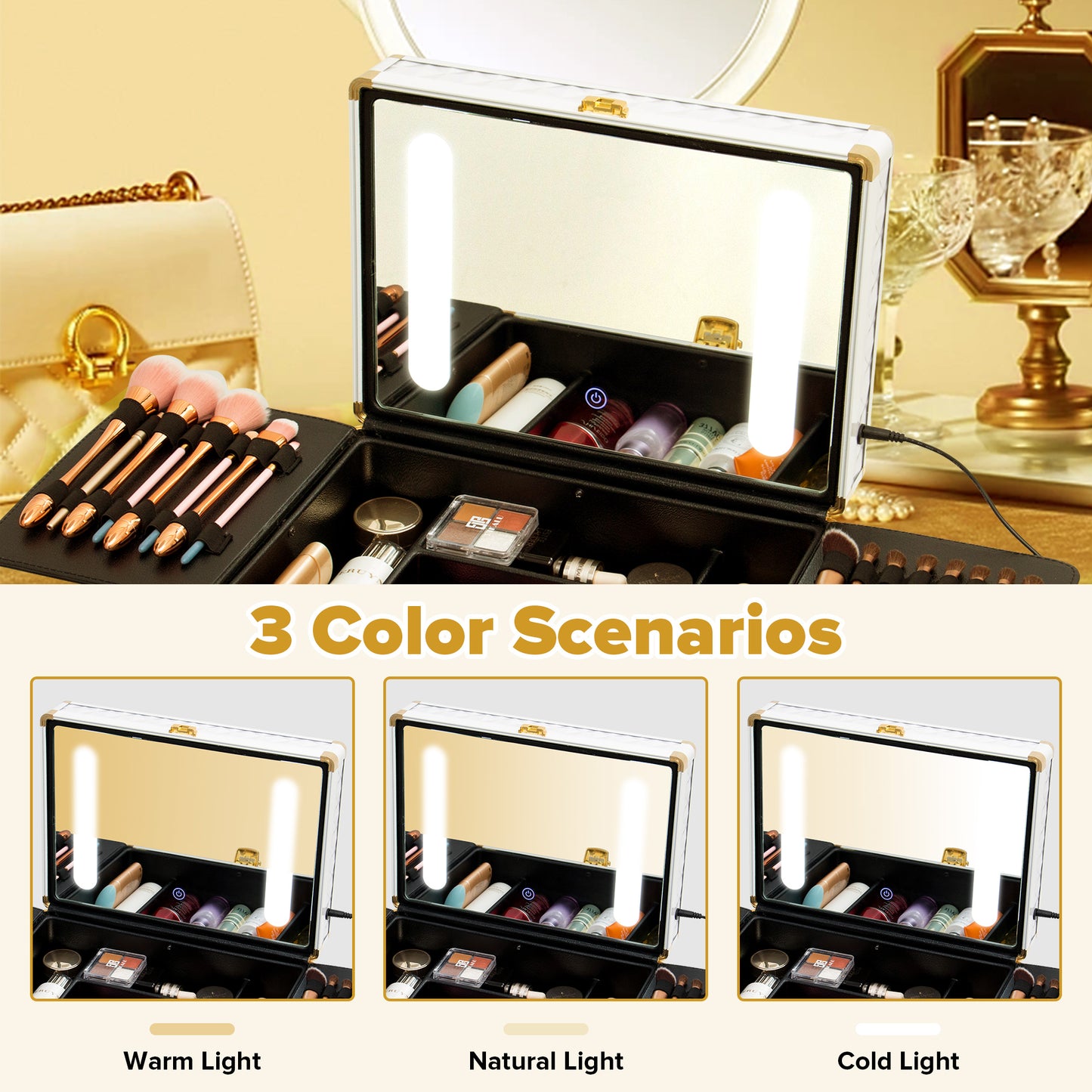 Portable makeup case, travel makeup bag with LED mirror, locked makeup storage box, brush holder, divider, rechargeable, white - E-Esther Clothing Store