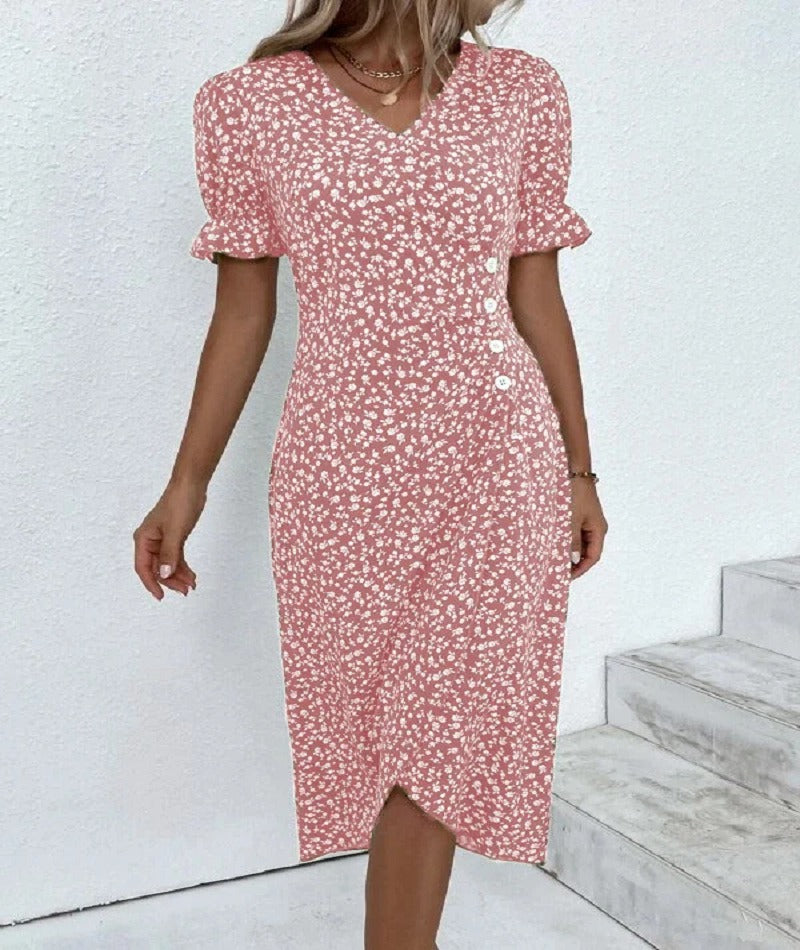 European and American Summer New Womens Vacation Leisure Flower Irregular Bottom V Neck Dress - E-Esther Clothing Store