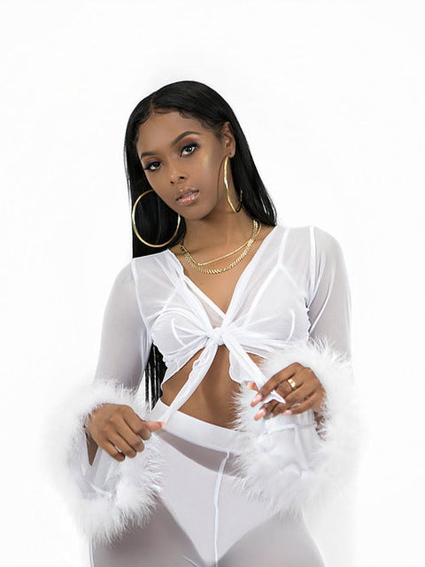 Summer Women See Through Mesh High Waist Pants and Long Sleeve Crop Top Sets Party Clubwear Sexy Faux Fur Outfit Two Piece Sets - E-Esther Clothing Store