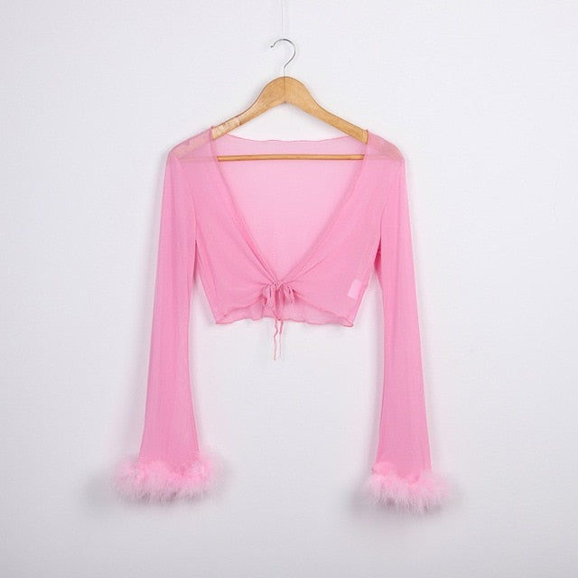 Summer Women See Through Mesh High Waist Pants and Long Sleeve Crop Top Sets Party Clubwear Sexy Faux Fur Outfit Two Piece Sets - E-Esther Clothing Store