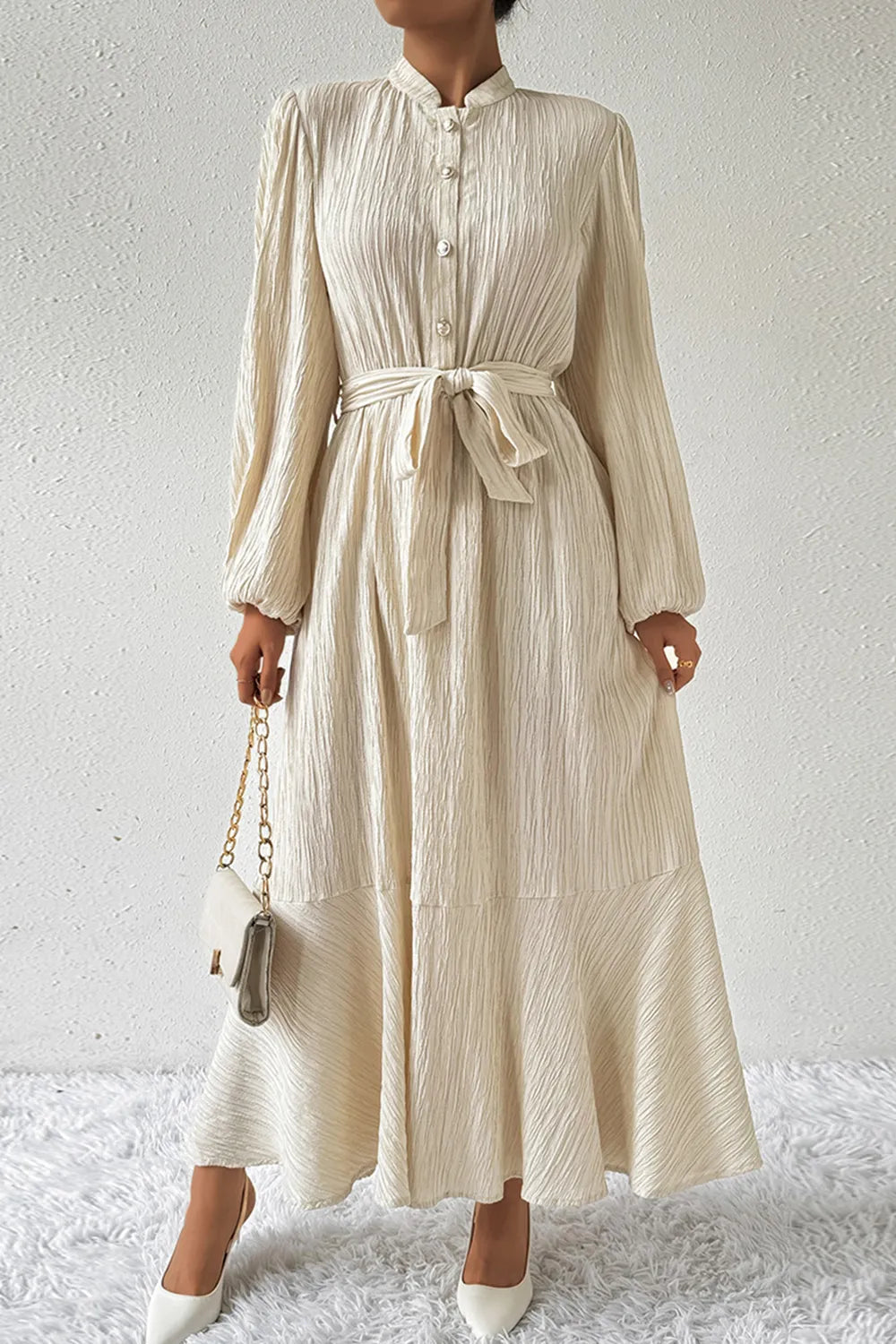 Tied Button Up Balloon Sleeve Dress - E-Esther Clothing Store