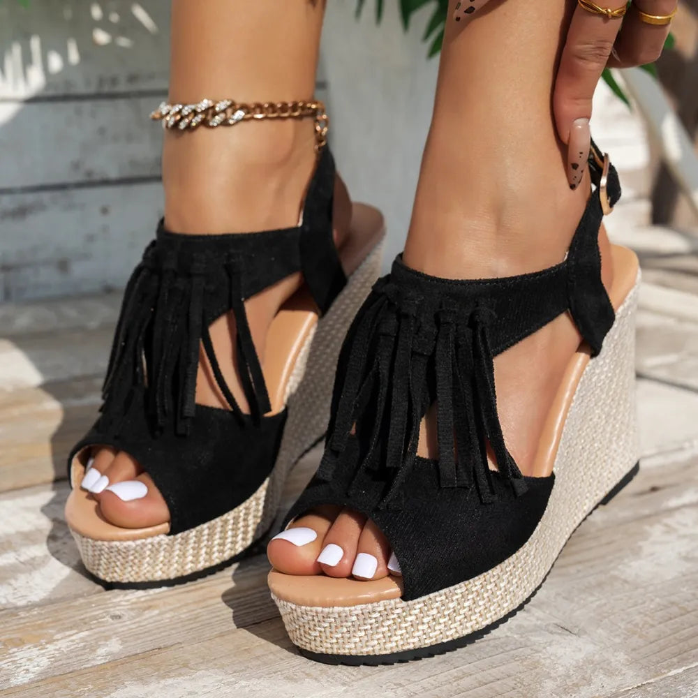Fringe Peep Toe Wedge Sandals - E-Esther Clothing Store