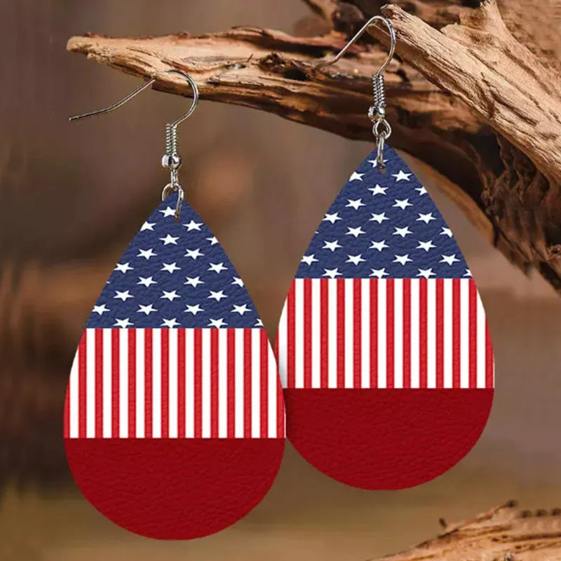Stars and Stripes PU Leather Teardrop Earrings - E-Esther Clothing Store