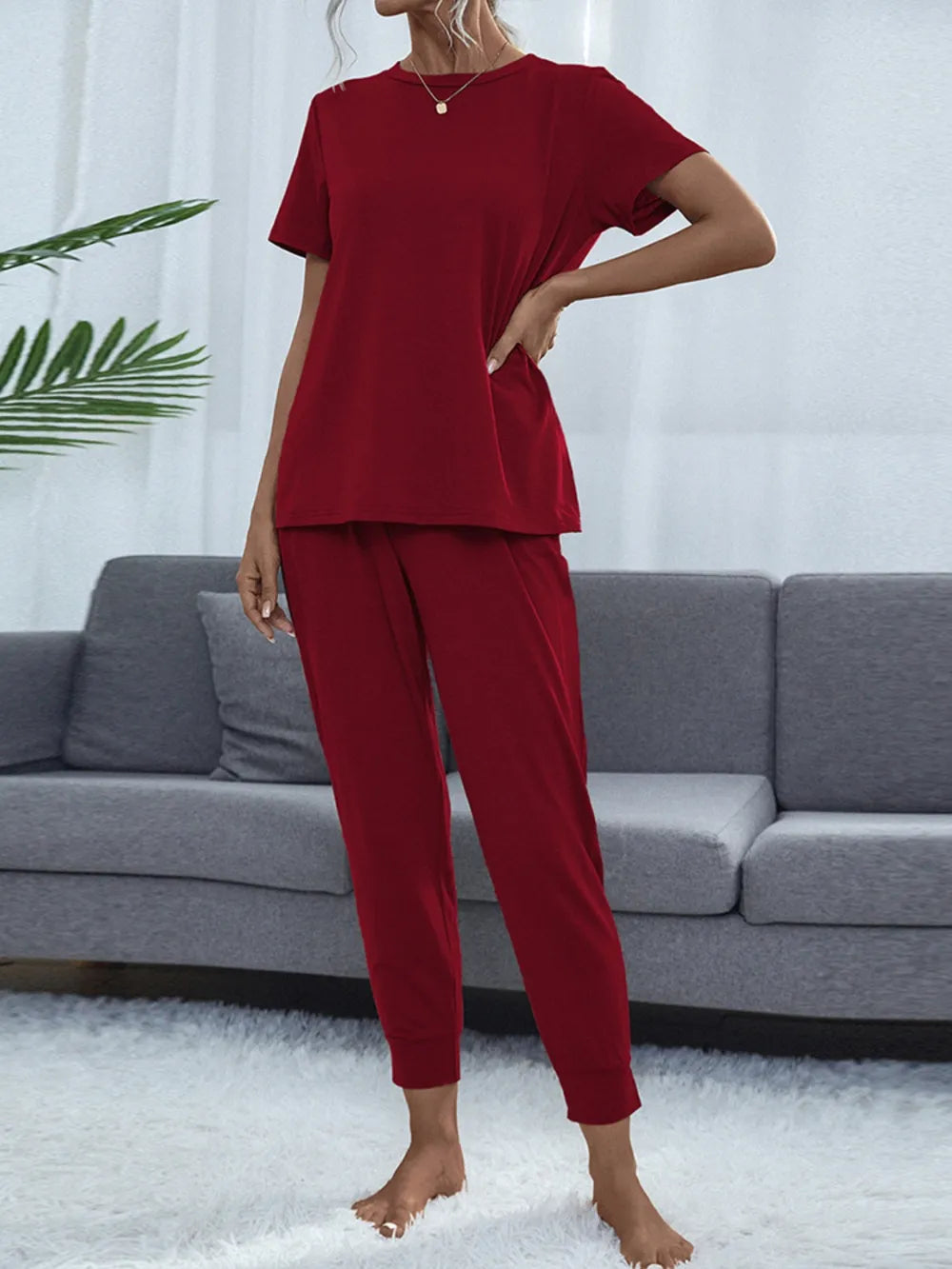 Shiny Round Neck Top and Pants Lounge Set - E-Esther Clothing Store